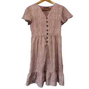 MIKAROSE Tan Cream Cheetah Print Button Front Midi Tiered Dress Sz Small